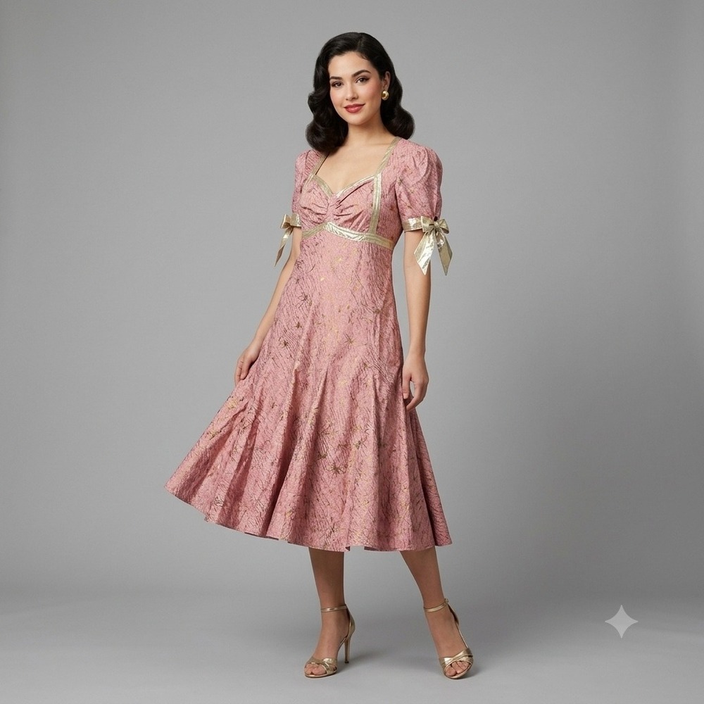 Vintage 50s 80s Pink Gold Lame Starburst Prom Party Dress Liquid Lamé Midi Small